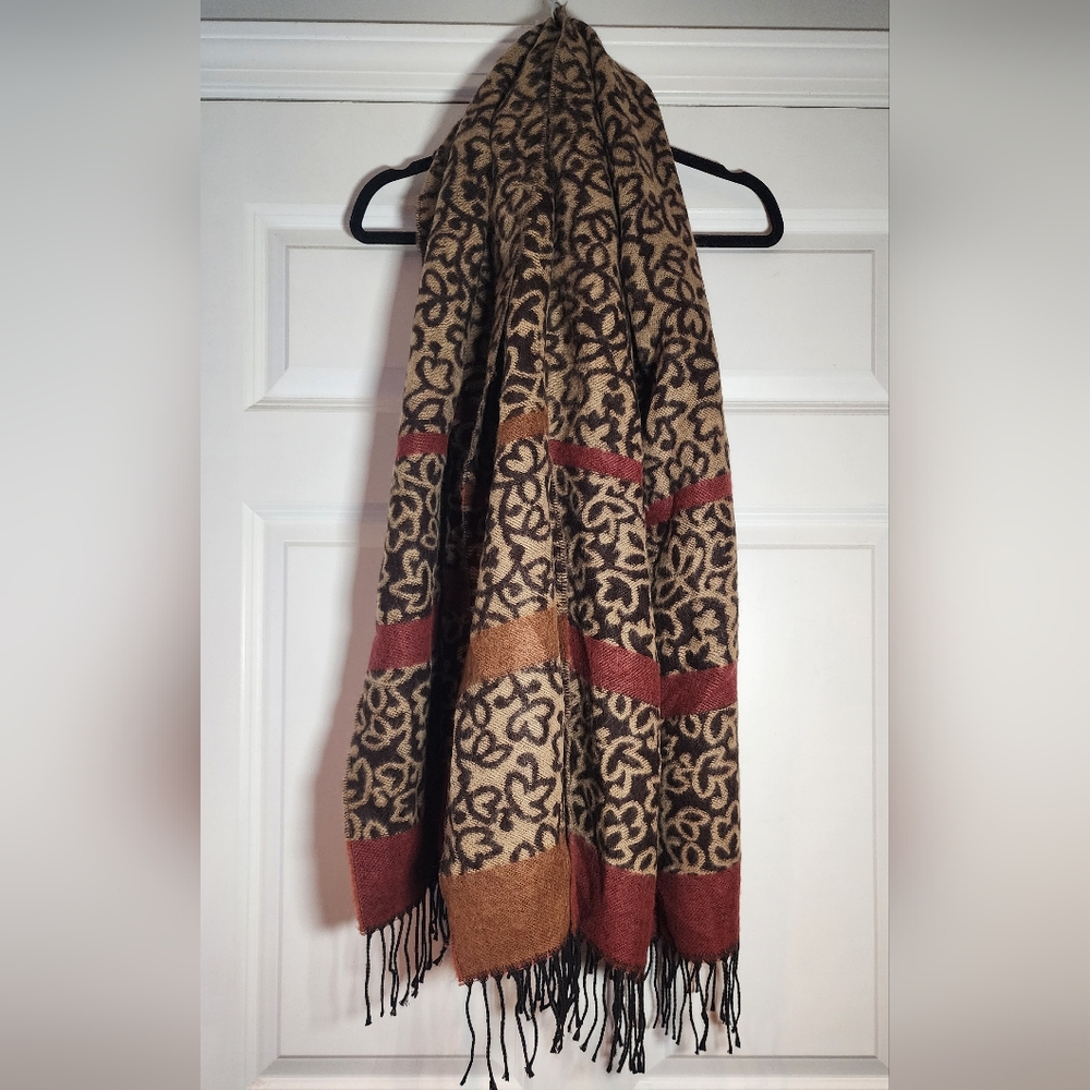 Soft Brown And Tan Patterned Tassle Scarf